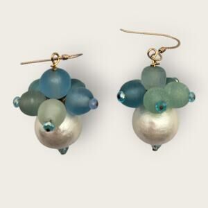 Blue Green Beaded Drop Earrings Gold Wire Hooks – Coastal Ocean Glass Feel